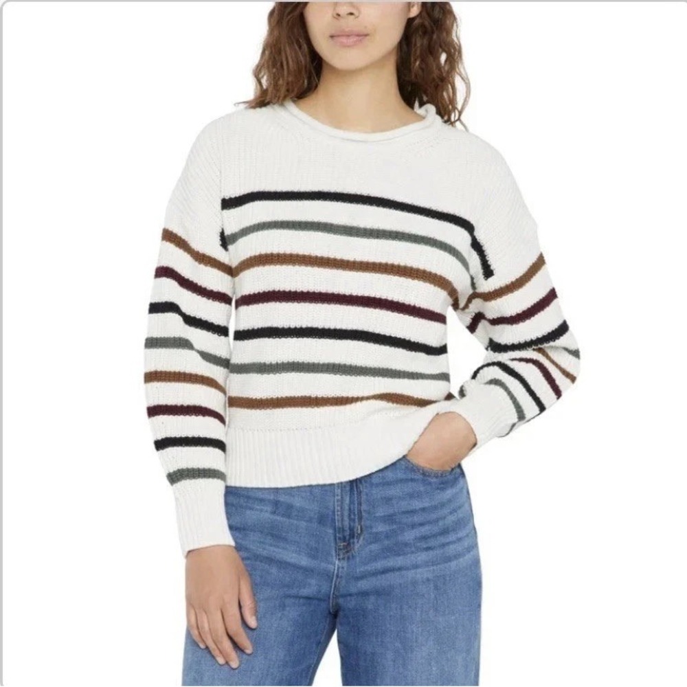 Gap Women Multi-Color Striped Shaker Knit Cotton Crewneck Sweater Cream Size XL